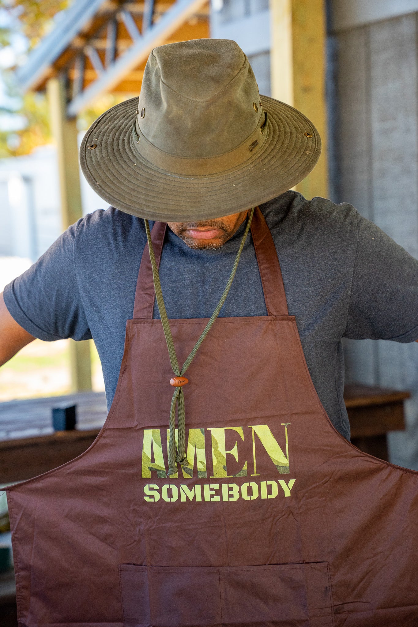 Amen Somebody® Men’s Bold Faith Apron – Brown (Camouflage | Blue & White Editions)